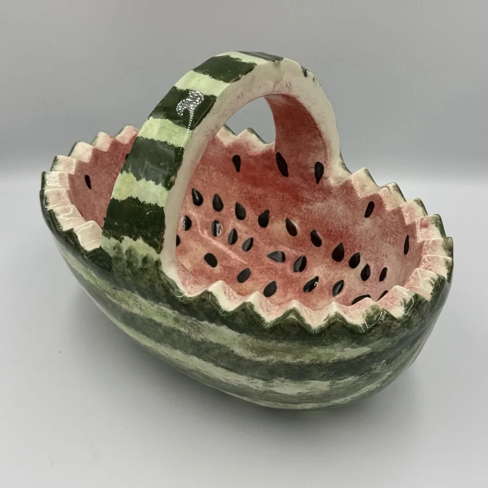 Watermelon Basket Ceramic Serving Bowl with Handle Fruit Bowl Vintage